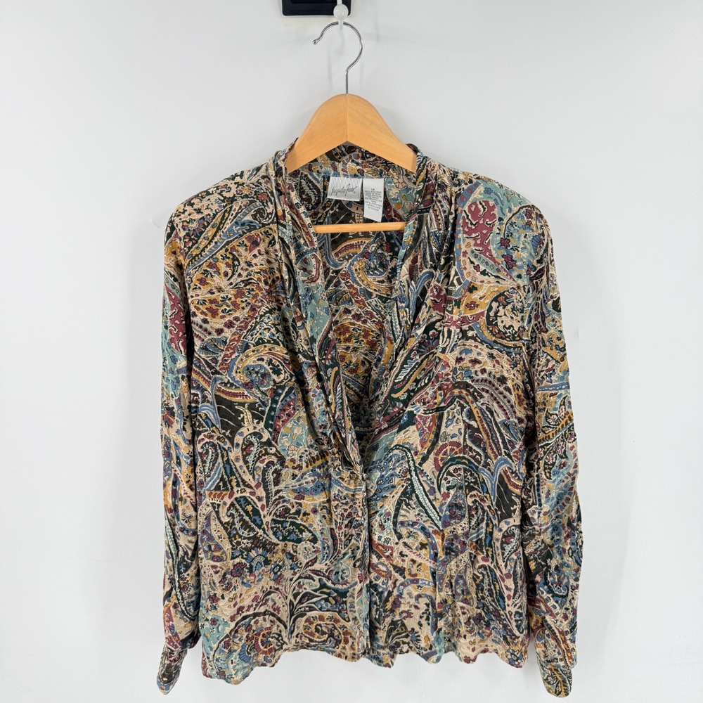 Vintage Jacqueline Ferrar Blouse 14 Paisley 100% Silk Long Sleeve Boho Vintage